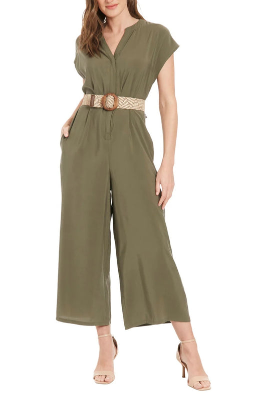 London Times Belted Wide Leg With Side Pockets Jumpsuit - GREEN - Front