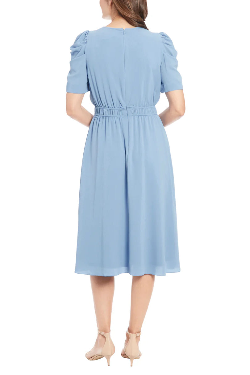 London Times Shirred Neck Caterpillar Sleeve Midi Dress - LIGHT BLUE - Back 