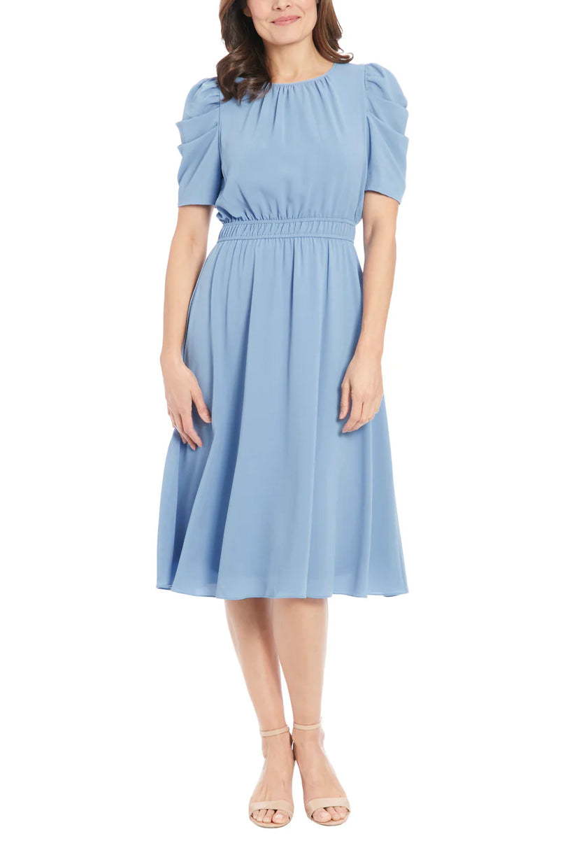 London Times Shirred Neck Caterpillar Sleeve Midi Dress - LIGHT BLUE - Front 