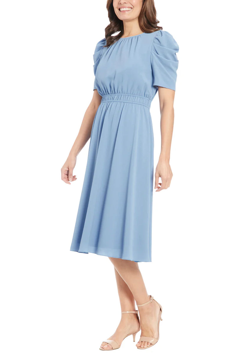 London Times Shirred Neck Caterpillar Sleeve Midi Dress - LIGHT BLUE - Side