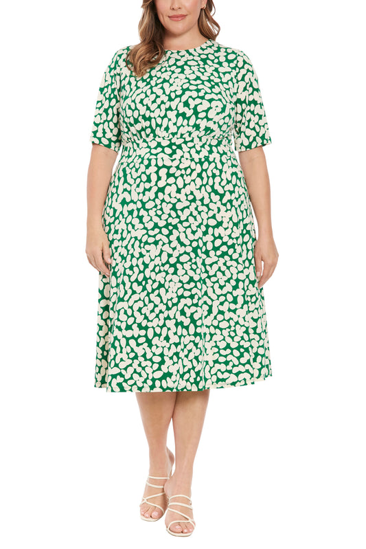 London Times Crew Neckline Elbow Length Sleeves Cinched Waist Fit and Flare Casual Midi Dress (Plus Size) - GREEN IVORY - Front