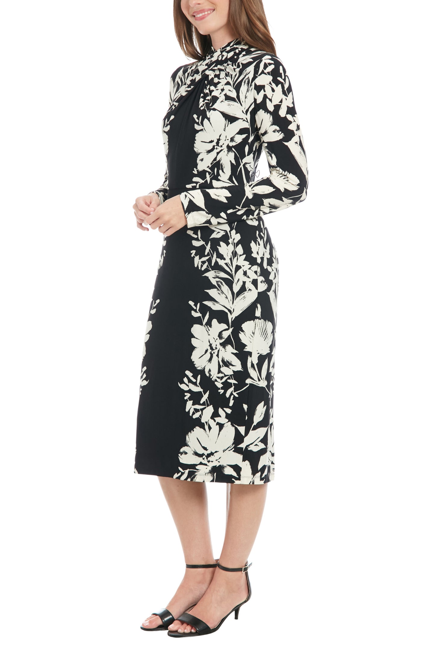 London Times Floral High Mock Crossover Neckline Long Elasticated Cuffs Sleeves Zipper Closure Sheer Overlay Flounce Hemline Fit Sheath Midi Dress