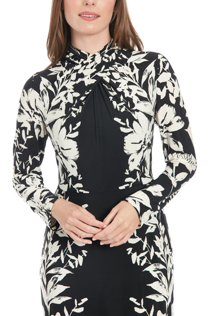 London Times Floral High Mock Crossover Neckline Long Elasticated Cuffs Sleeves Zipper Closure Sheer Overlay Flounce Hemline Fit Sheath Midi Dress