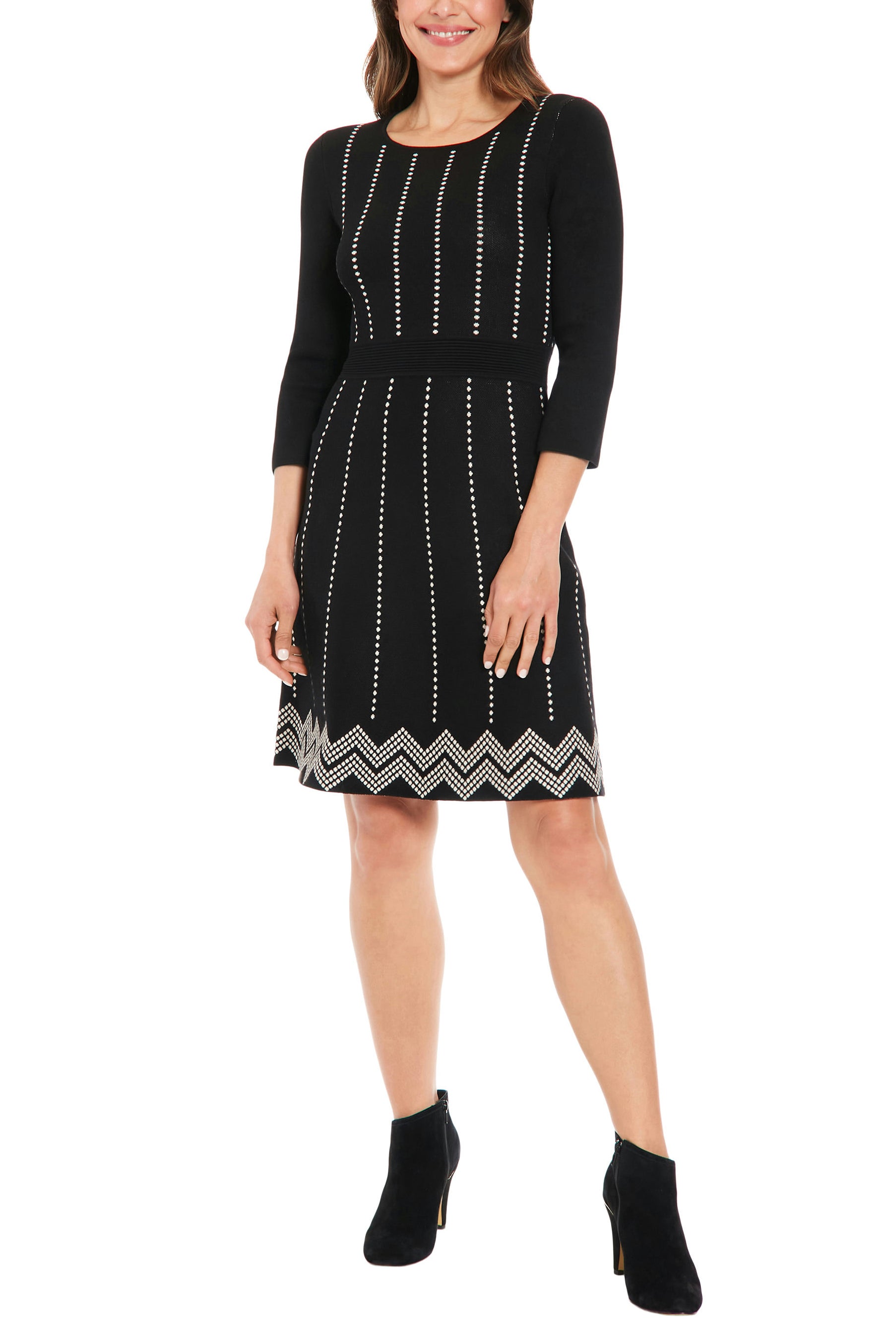 London Times Jewel Neck A-Line Sweater Dress - BLACK CREAM - Front 