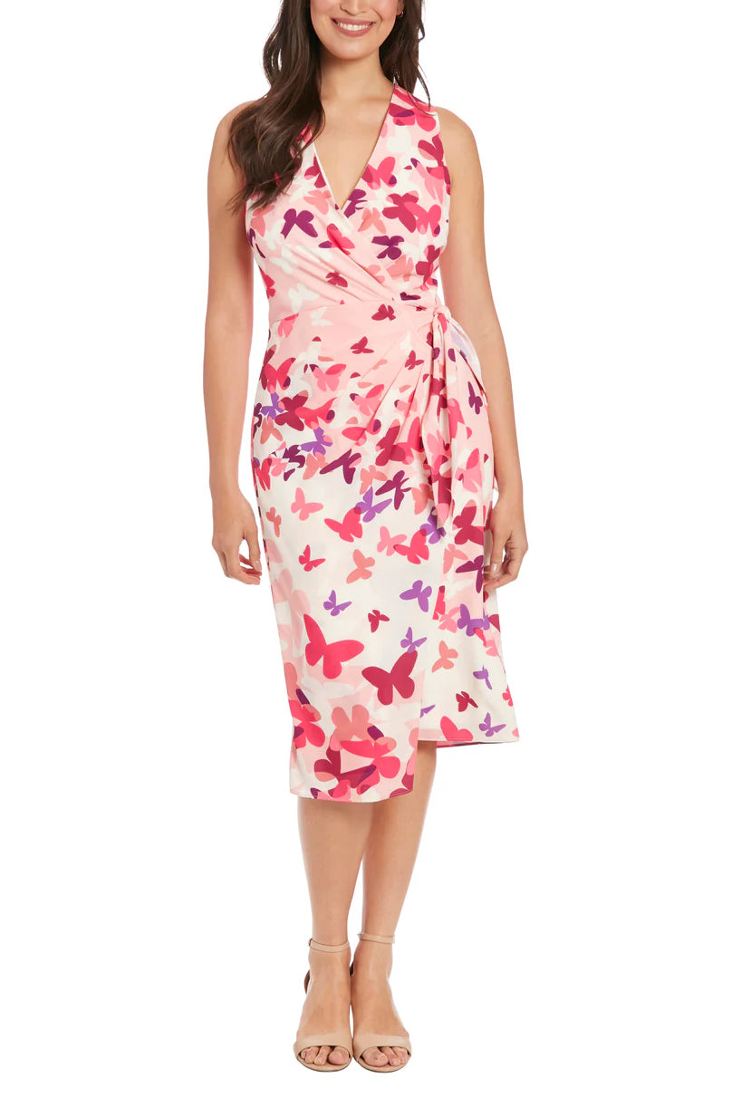 London Times Side Ruched Buckle Midi Dress -PINK MULTI - FRONT FULL VIEW