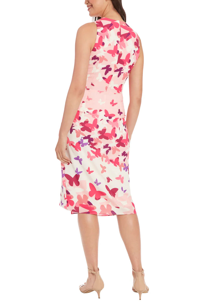 London Times Side Ruched Buckle Midi Dress - PINK MULTI - BACK 