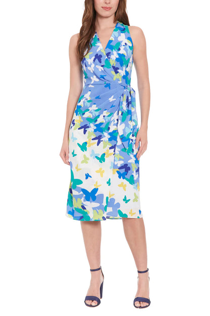 London Times Side Ruched Buckle Midi Dress - BLUE MULTI - FONT FULL VIEW