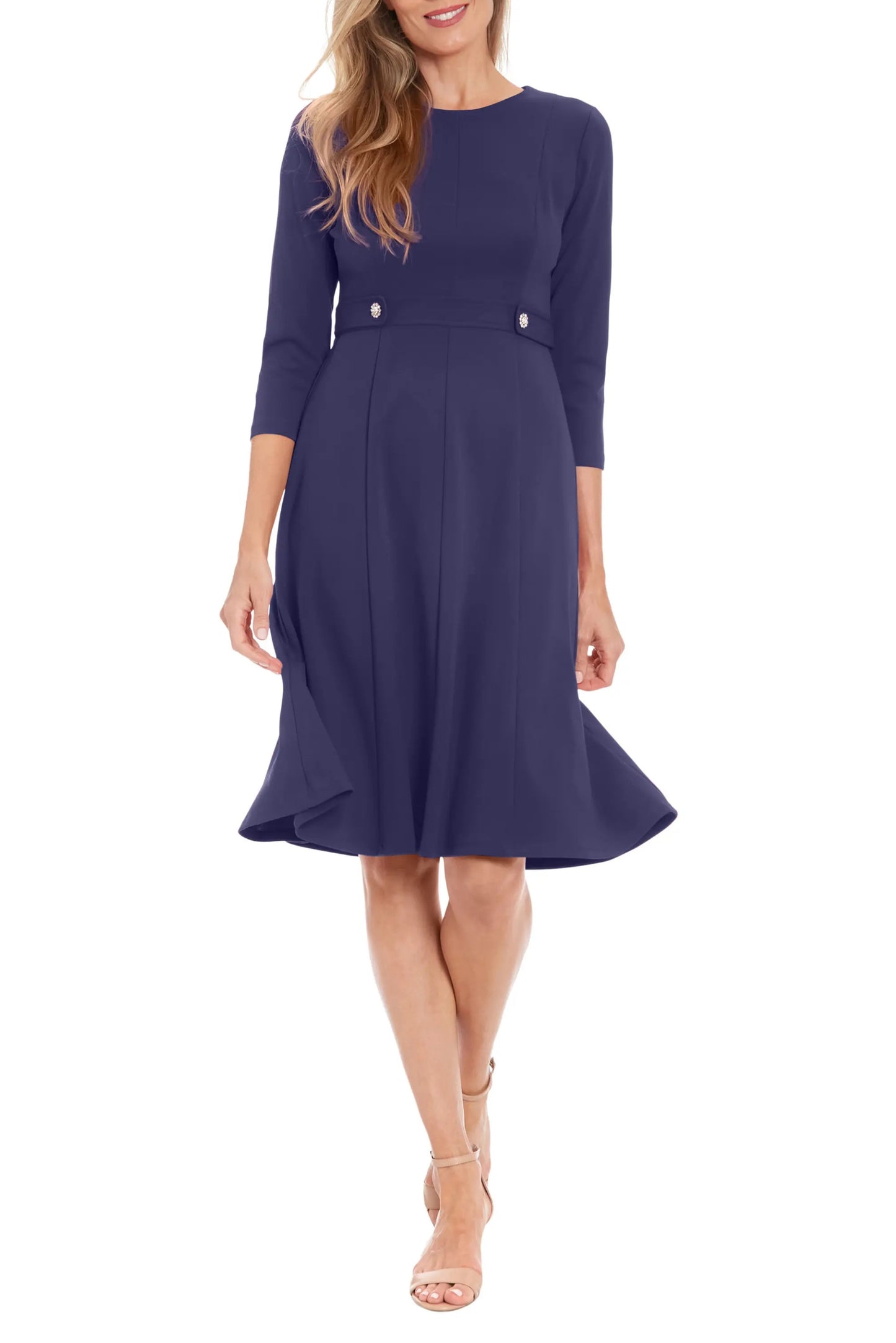 London Times Jewel Neckline Quarter Sleeves Zipper Closure Buttoned Mock Belt Fit-and-Flare Flowing Skirt Dress