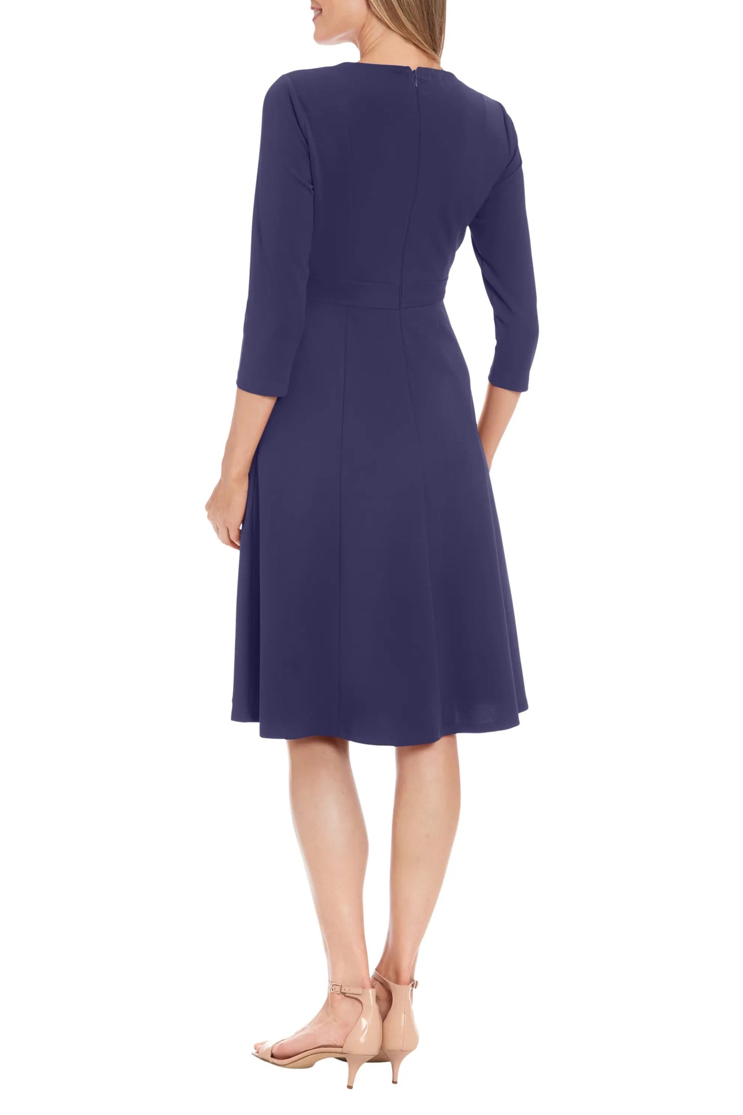 London Times Jewel Neckline Quarter Sleeves Zipper Closure Buttoned Mock Belt Fit-and-Flare Flowing Skirt Dress