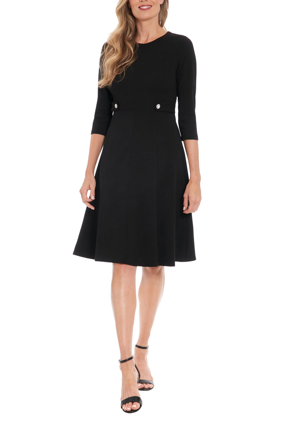 Plus Size Dresses Jewel Neck Knee-Length Fit and Flare Dress with Buttoned Belt and 3/4 Sleeves Black