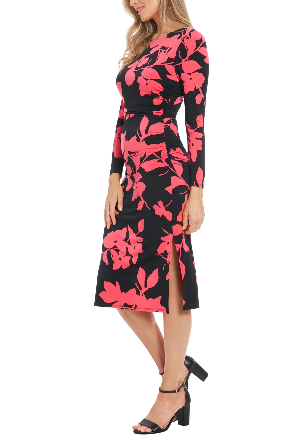 London Times T7746M Black/Berry Floral Sheath Midi Dress