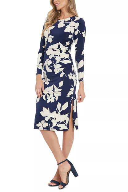 London Times Crew Neckline Long Sleeves Ruched Side Slit Straight Fit Midi Sheath Silhouette Dress