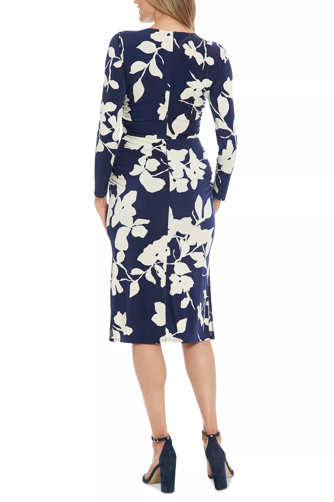 London Times Crew Neckline Long Sleeves Ruched Side Slit Straight Fit Midi Sheath Silhouette Dress