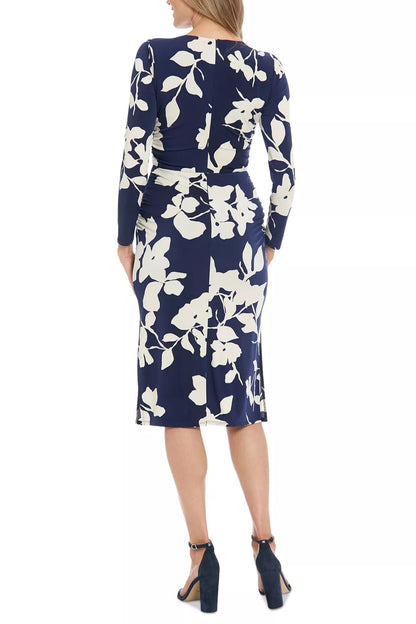 London Times Crew Neckline Long Sleeves Ruched Side Slit Straight Fit Midi Sheath Silhouette Dress