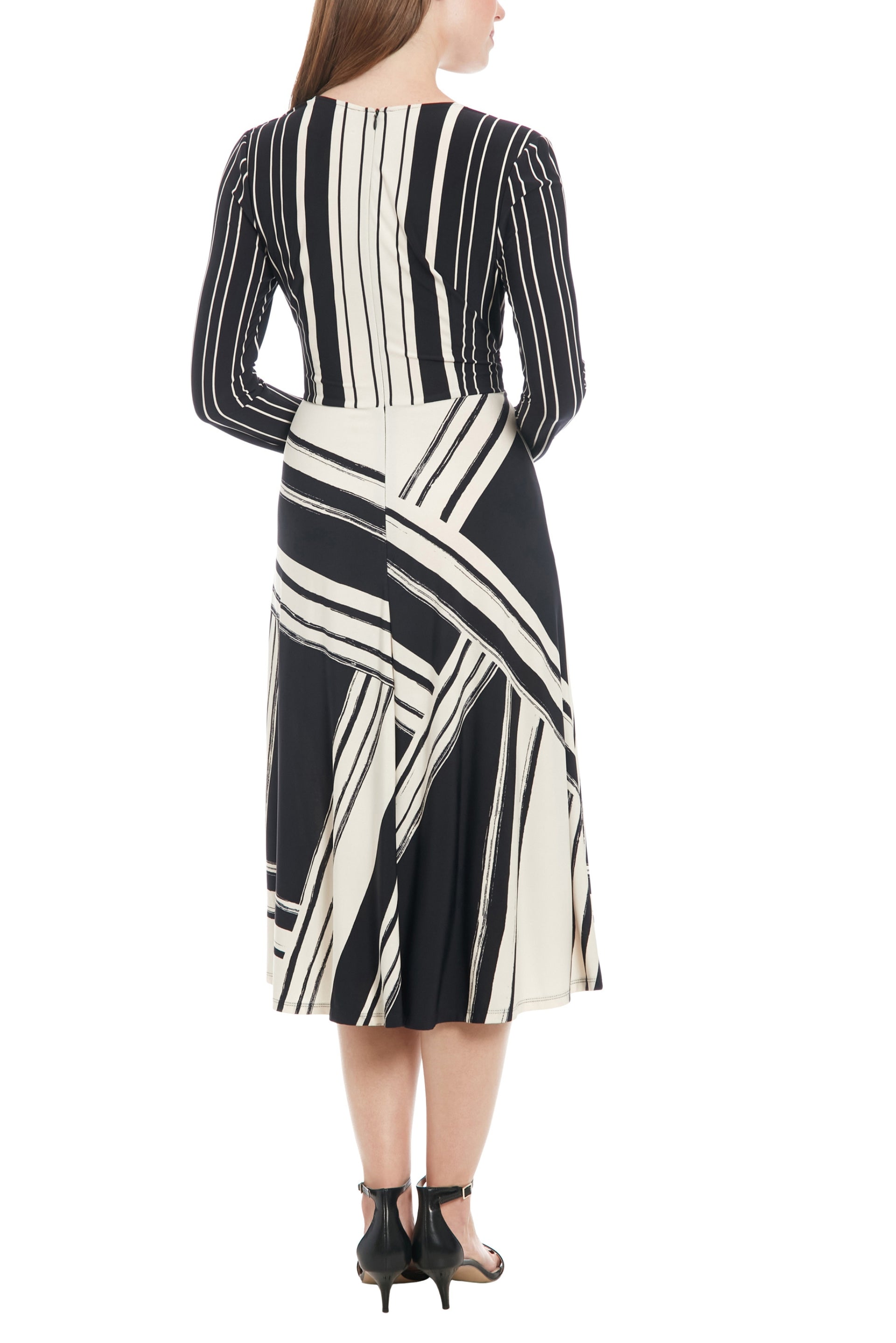 London Times Ines Crossover Neckline Long Sleeves Bold Geometric Print Wrap Design Silhouette Midi Dress - BLACK CREAM - back