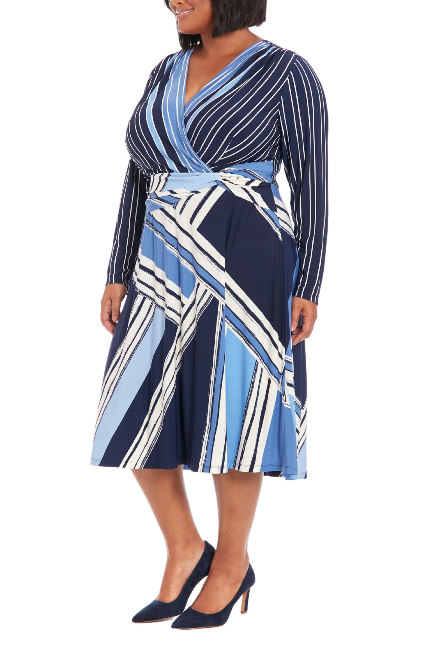 London Times Side-Twist Wrap Design Silhouette Dress (Plus Size) - IVORY BLUE - Side