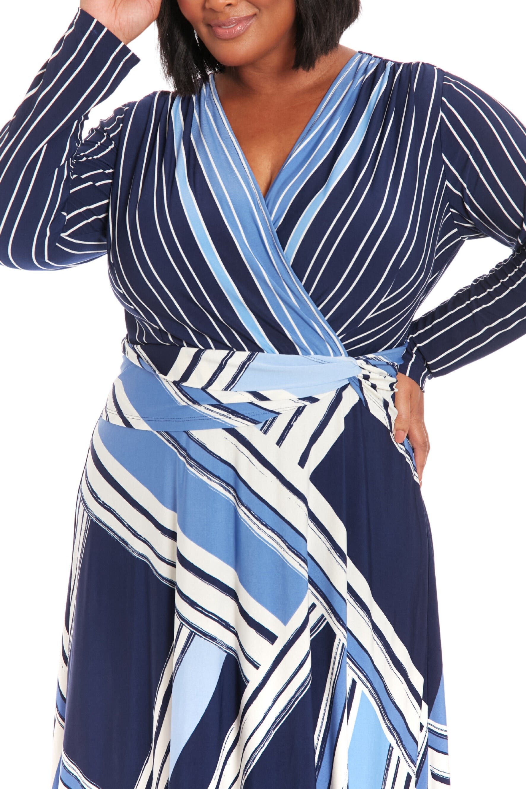 London Times Side-Twist Wrap Design Silhouette Dress (Plus Size) - IVORY BLUE - Fabric