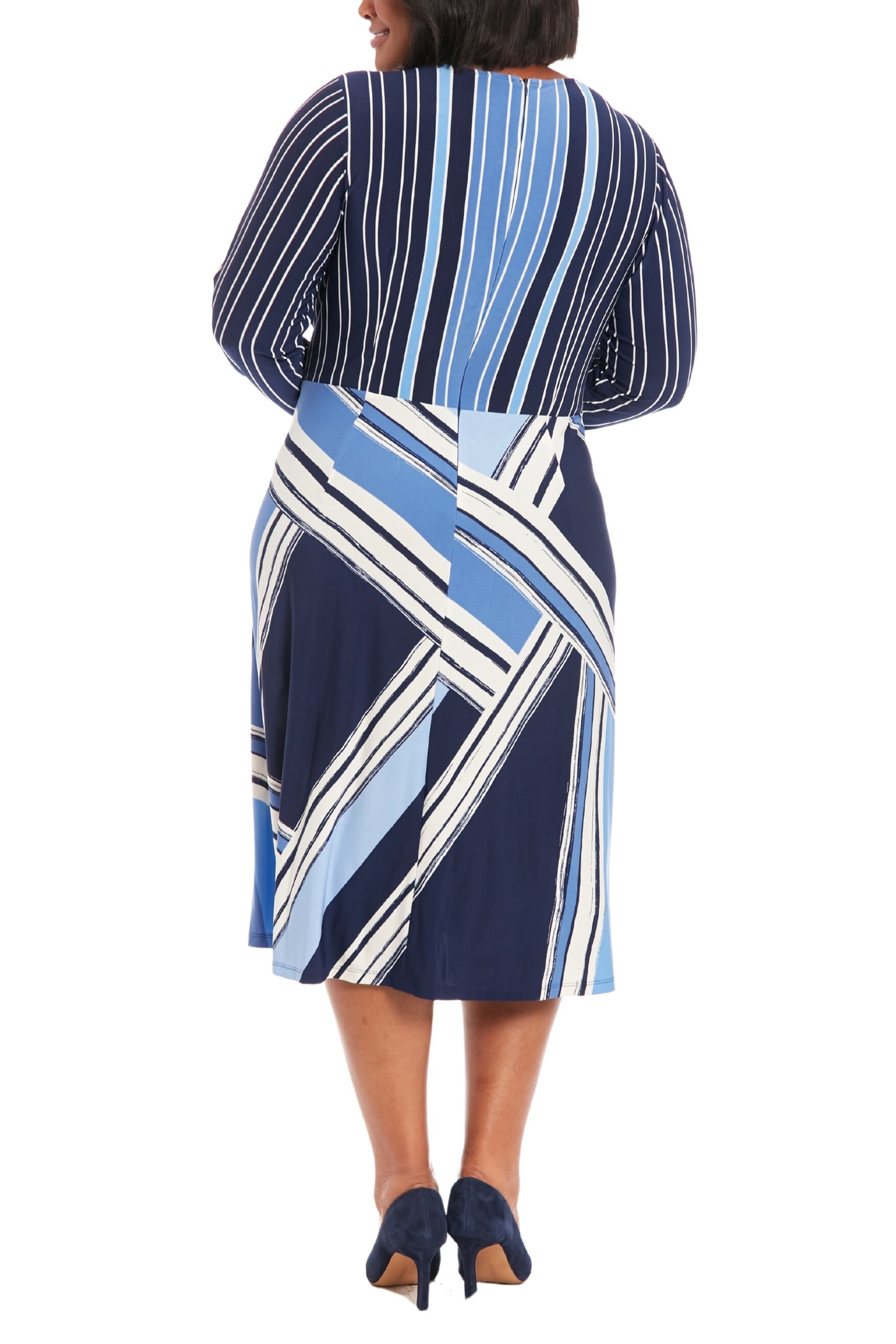 London Times Side-Twist Wrap Design Silhouette Dress (Plus Size) - IVORY BLUE - Back