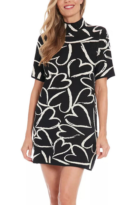 London Times Heart Print Mock Neckline Pullover Short Sleeves Straight Hem Mini Sweater Dress