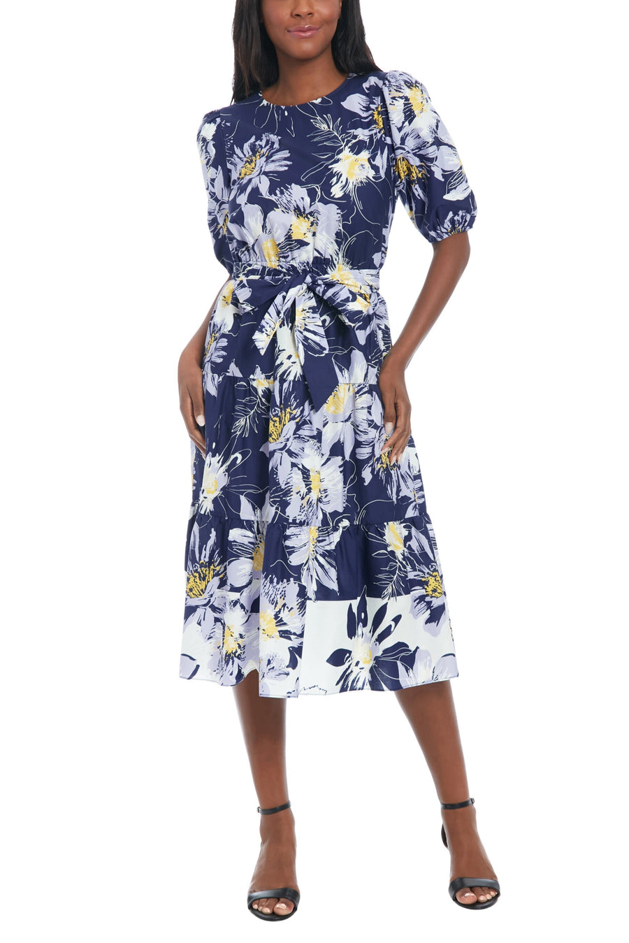 Cocktail Dresses Floral Printed Jewel Neckline Puff Sleeve Tie Waist Midi Dress Navy/Ivory