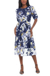 Cocktail Dresses Floral Printed Jewel Neckline Puff Sleeve Tie Waist Midi Dress Navy/Ivory