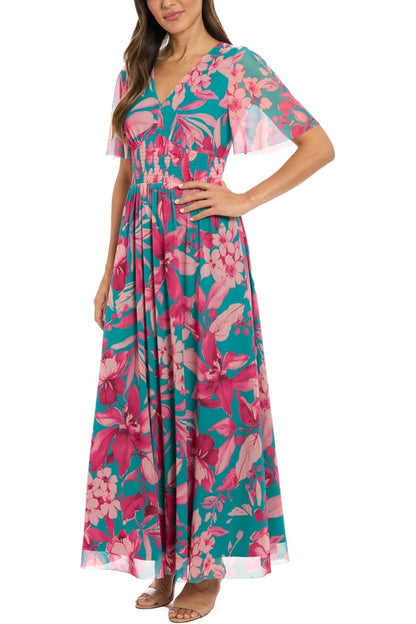 London Times Botanical Print V-Neckline Sheer Flutter Short Sleeves Zipper Closure Smocked Waist A-Line Trimmed Hem Maxi Dress