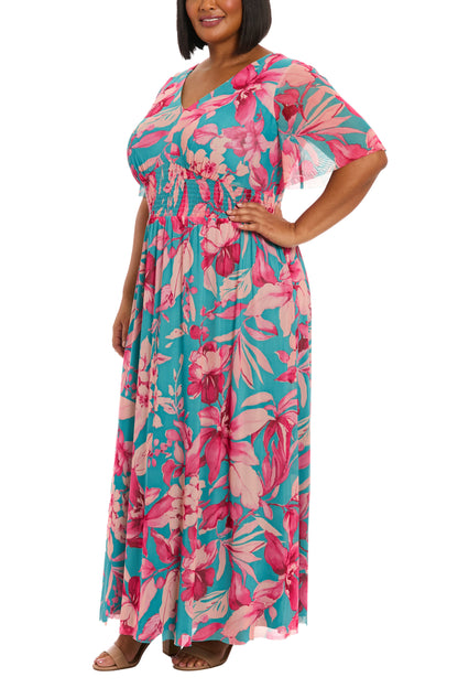 London Times Botanical Print V-Neckline Sheer Flutter Short Sleeves Zipper Closure Smocked Waist A-Line Trimmed Hem Maxi Dress (Plus Size)
