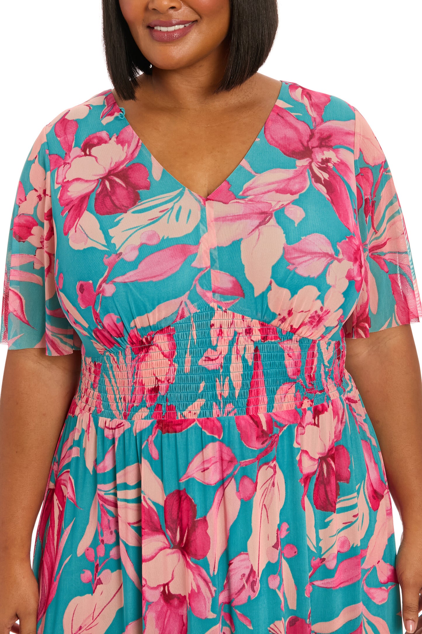 London Times Botanical Print V-Neckline Sheer Flutter Short Sleeves Zipper Closure Smocked Waist A-Line Trimmed Hem Maxi Dress (Plus Size)