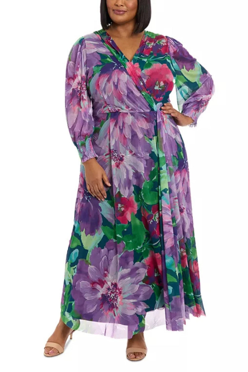 London Times Floral Print Surplice V-Neckline Puffed Long Sleeves Smocked Cuffs Draped Faux Wrap Silhouette Maxi Dress (Plus Size)