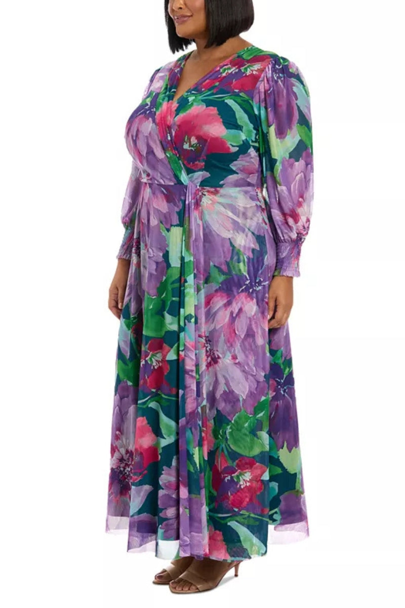 London Times Floral Print Surplice V-Neckline Puffed Long Sleeves Smocked Cuffs Draped Faux Wrap Silhouette Maxi Dress (Plus Size)