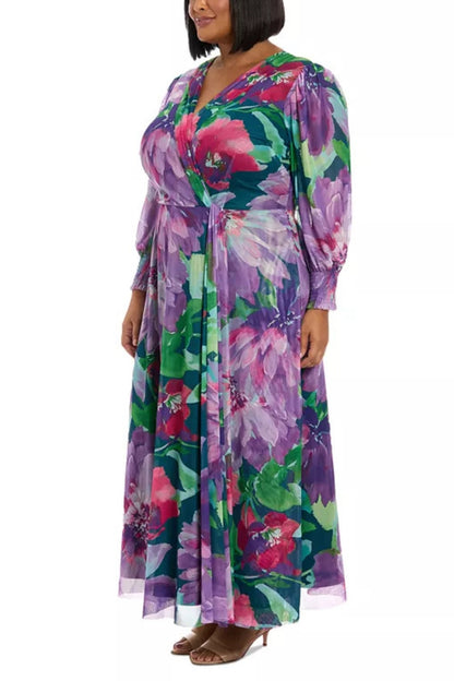 London Times Floral Print Surplice V-Neckline Puffed Long Sleeves Smocked Cuffs Draped Faux Wrap Silhouette Maxi Dress (Plus Size)