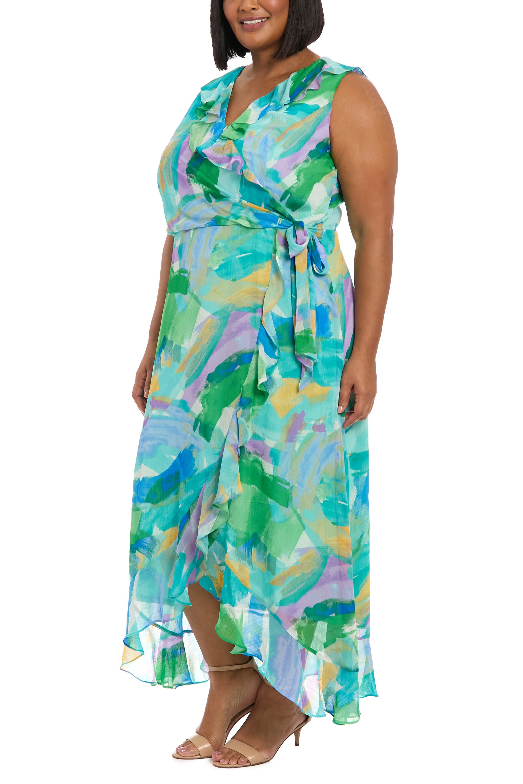 London Times Flattering V-Neckline Flowing Skirt Rosie Maxi Dress (Plus Size) - WHITE AQUA - Front