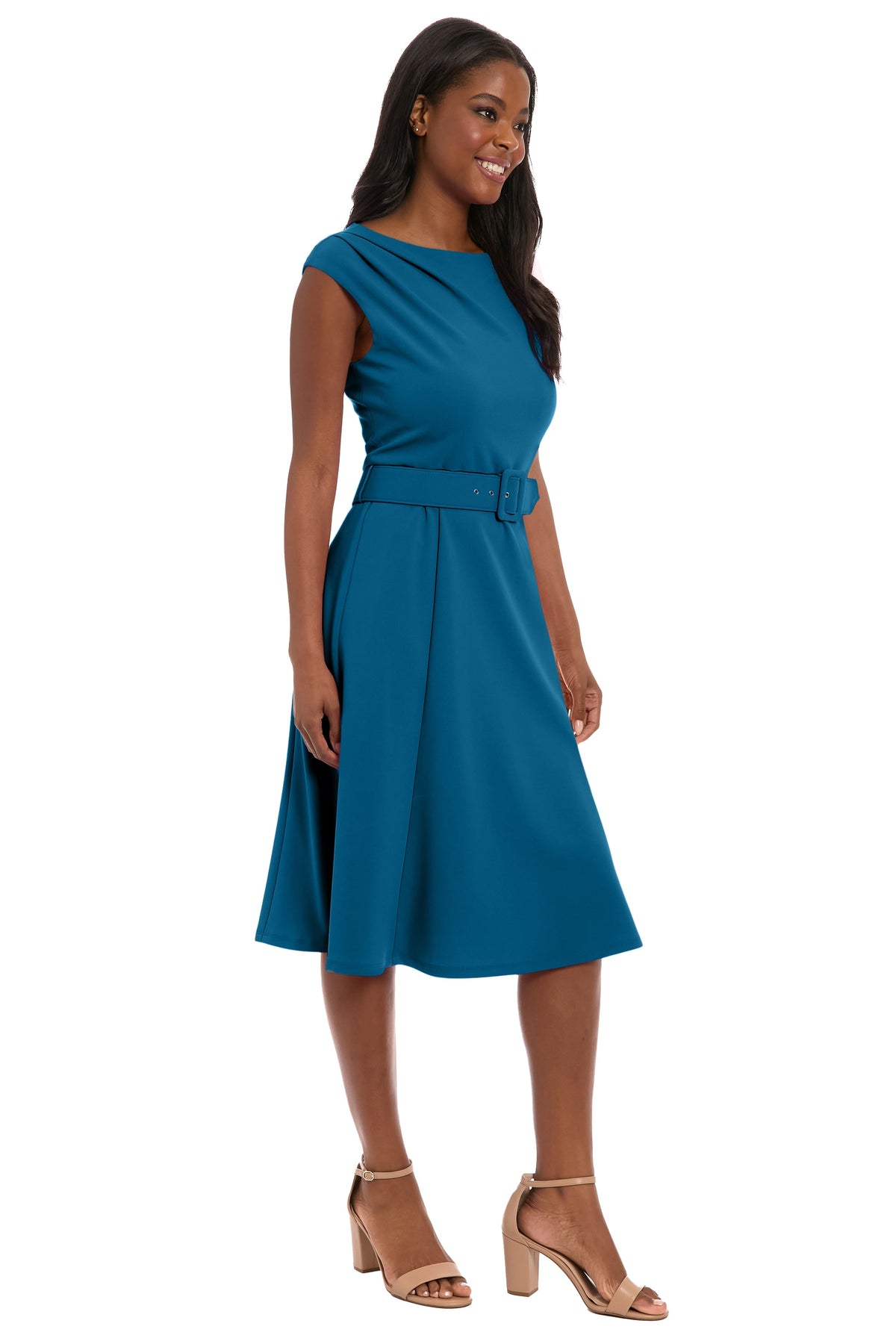 London Times T8113M Legion Blue boat neck belted midi dress side