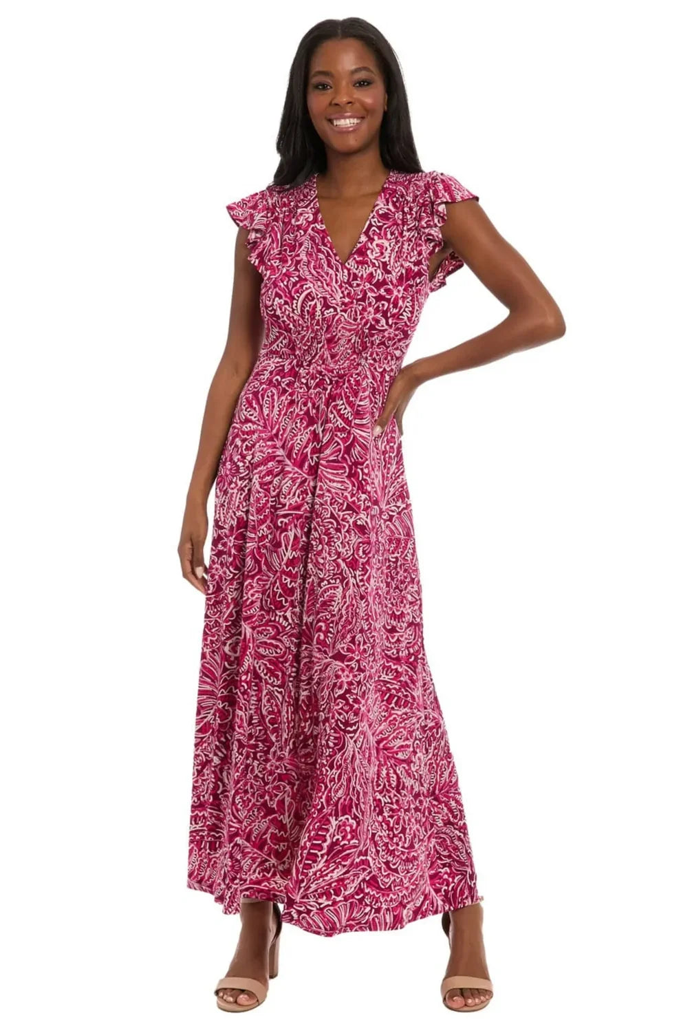 London Times Plum and Pink Floral Smocked Maxi Dress T8190M
