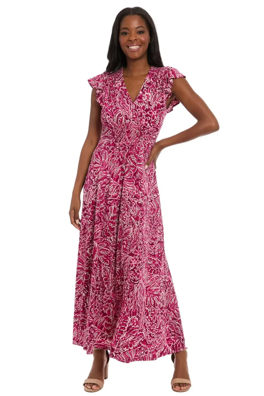 London Times Plum and Pink Floral Smocked Maxi Dress T8190M