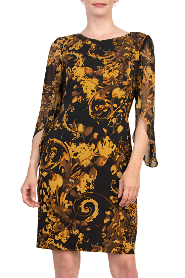Connected Apparel Floral Boat Neckline Open-Cut Three-Quarter Flowy Sheer Sleeves Sheath Dress - MUSTARD - Front View