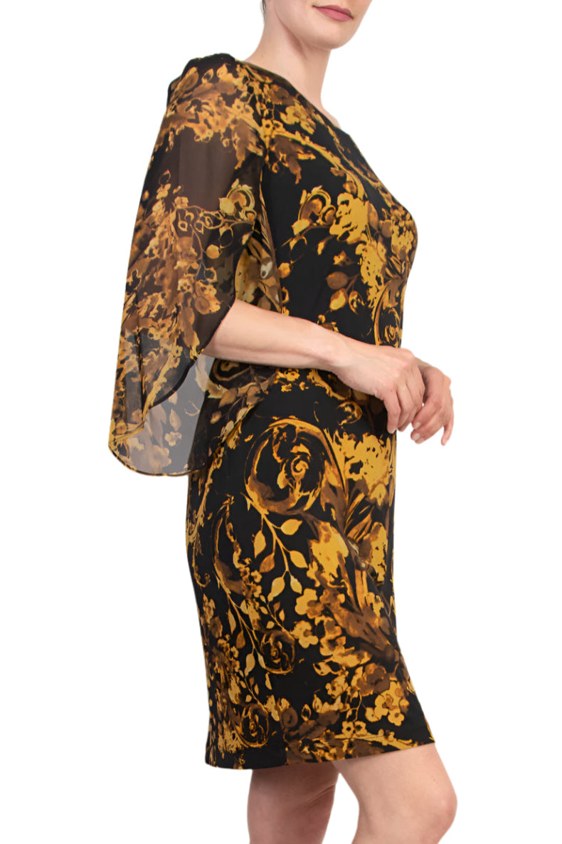 Connected Apparel Floral Boat Neckline Open-Cut Three-Quarter Flowy Sheer Sleeves Sheath Dress - MUSTARD - Side