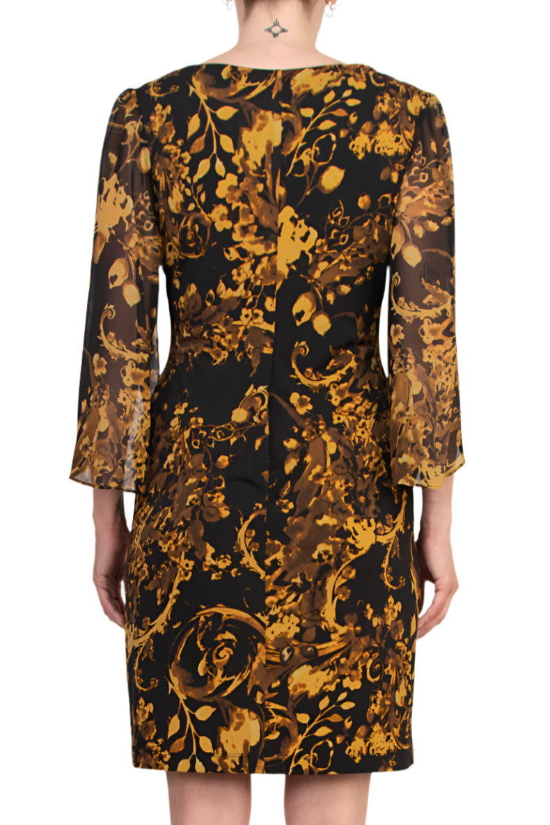 Connected Apparel Floral Boat Neckline Open-Cut Three-Quarter Flowy Sheer Sleeves Sheath Dress - MUSTARD - Back