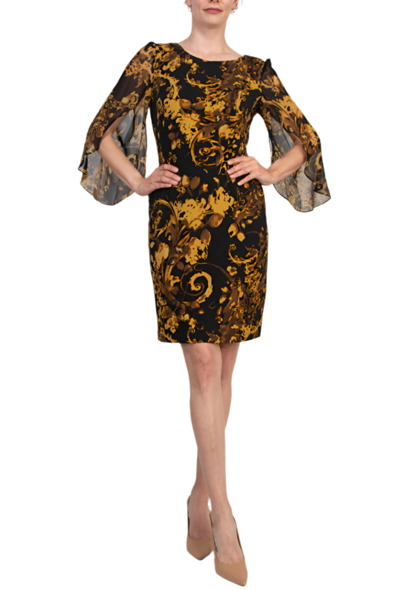 Connected Apparel Floral Boat Neckline Open-Cut Three-Quarter Flowy Sheer Sleeves Sheath Dress - MUSTARD - Front