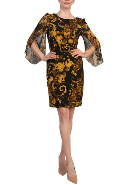 Connected Apparel Floral Boat Neckline Open-Cut Three-Quarter Flowy Sheer Sleeves Sheath Dress - MUSTARD - Front
