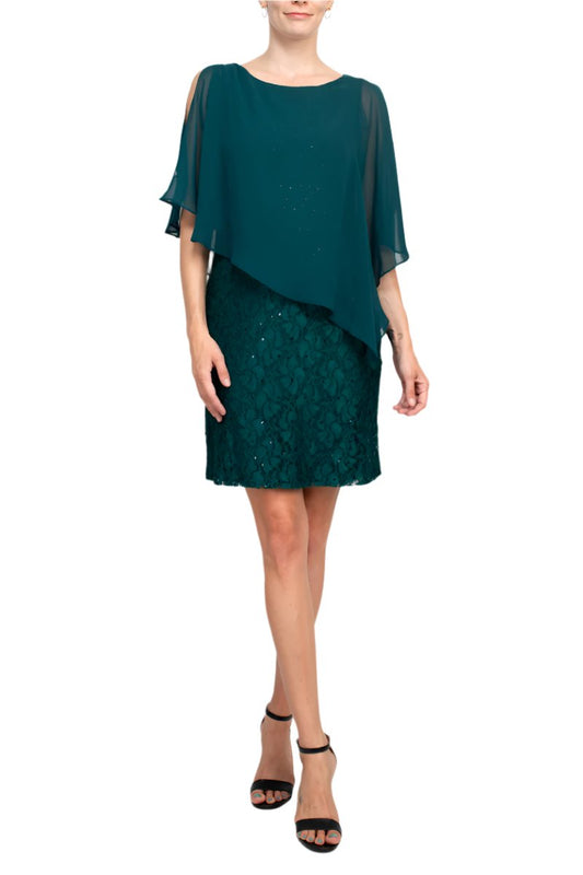 Connected  Apparel Boat Neck Cape Chiffon Sleeve Floral Lace Dress - HUNTER - Front Full View