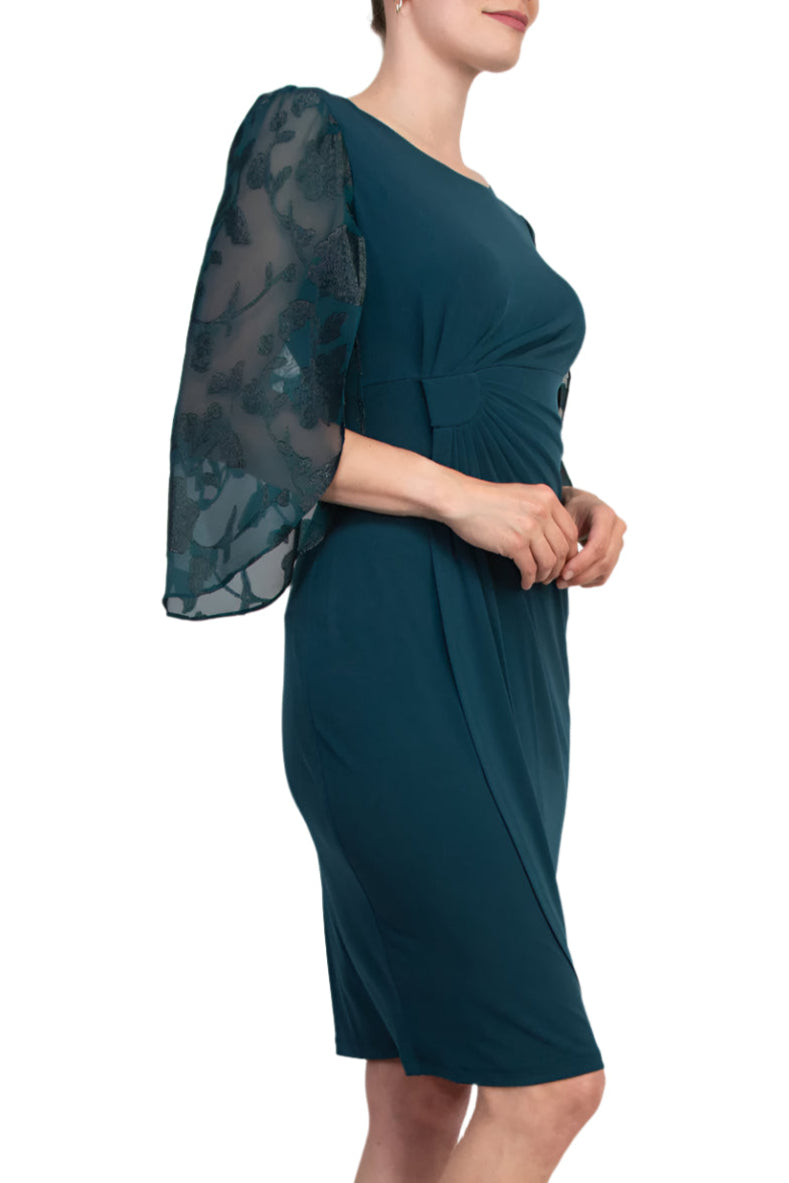 Connected Apparel Side Twist Detail Sheer Three-Quarter Floral Split Sleeves Sheath Dress - DARK MALLARD - Side