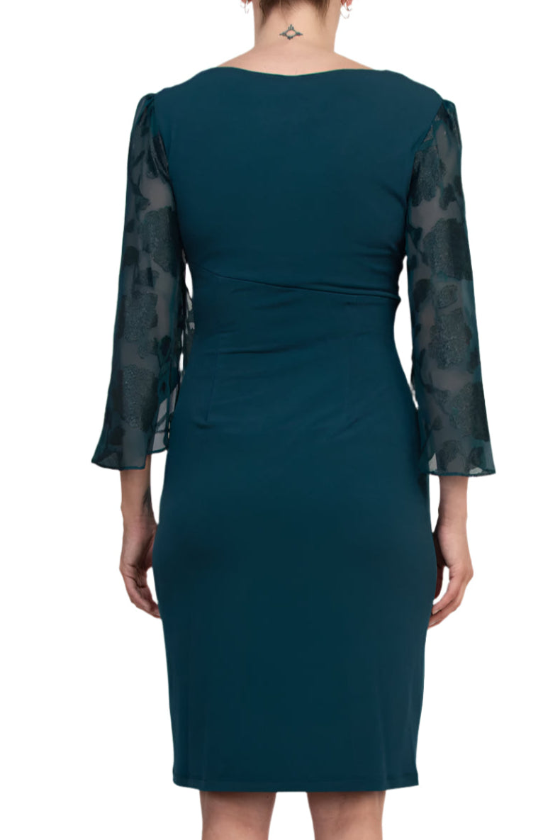 Connected Apparel Side Twist Detail Sheer Three-Quarter Floral Split Sleeves Sheath Dress - DARK MALLARD - Back
