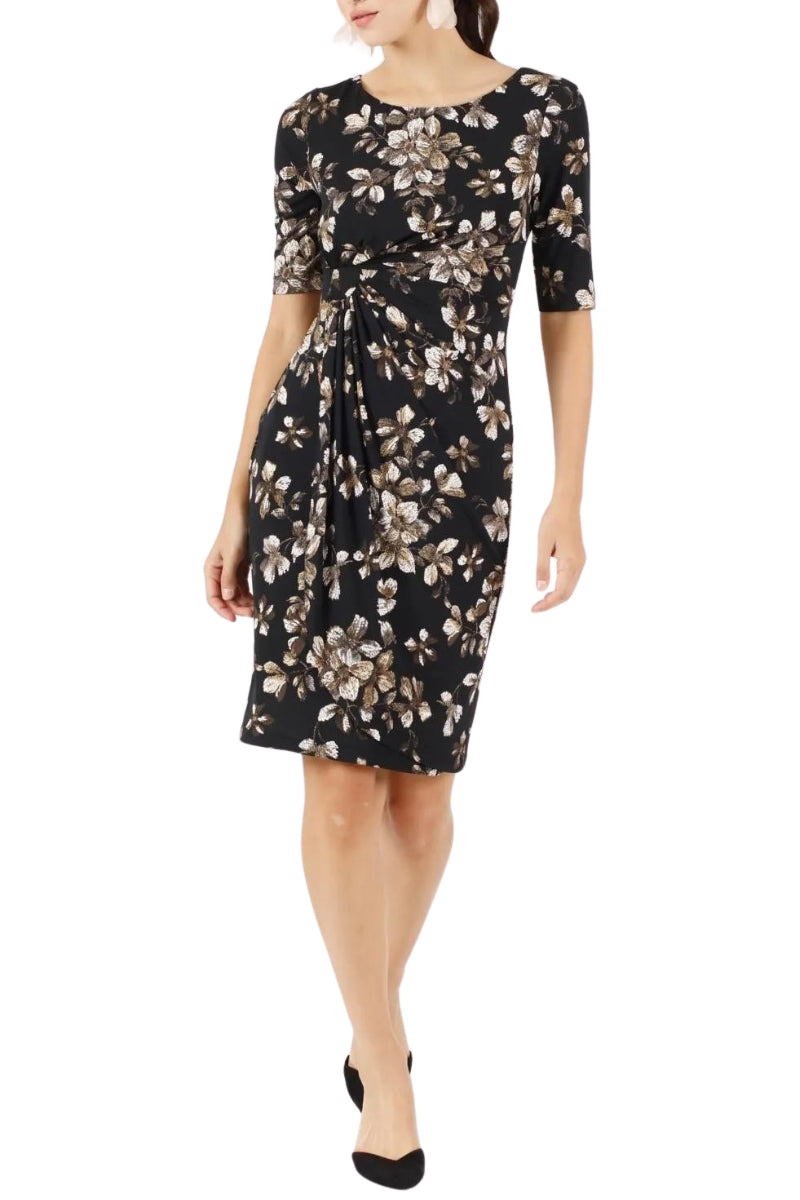 Connected Apparel Printed Side-Tab Sheath Dress - TAUPE - Front 