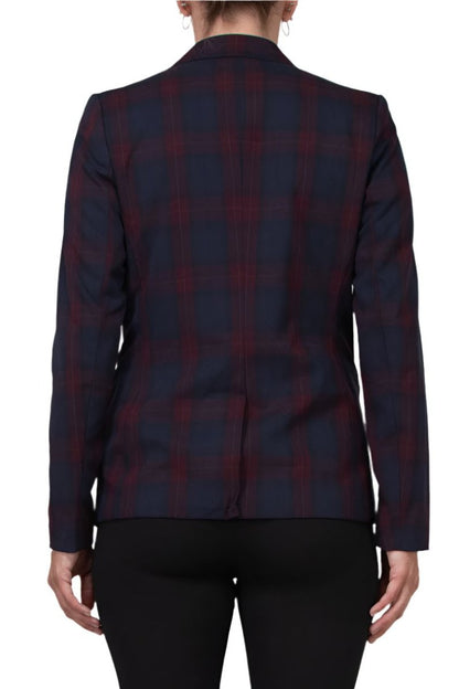 T Tahari Lined Two Button Ls Notch Collar Plaid Blazer With Front Chest Pocket/welt Pockets - NAVY BURGUNDY - Back 