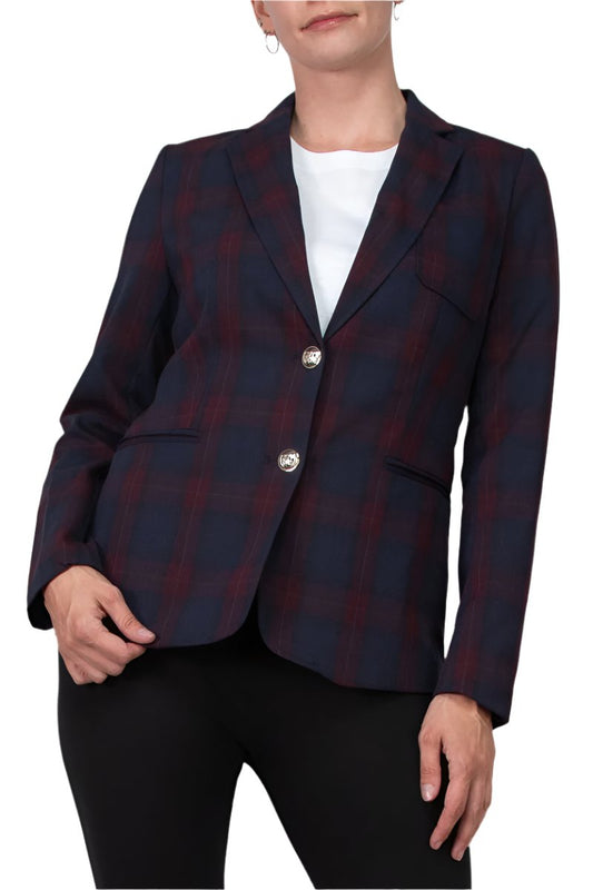 T Tahari Lined Two Button Ls Notch Collar Plaid Blazer With Front Chest Pocket/welt Pockets - NAVY BURGUNDY - Front 