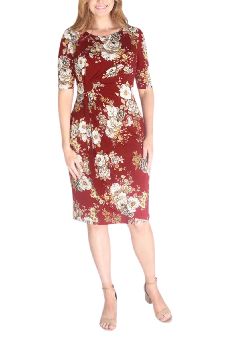 Connected Apparel Faux Wrap Dress - CRIMSON - Front 