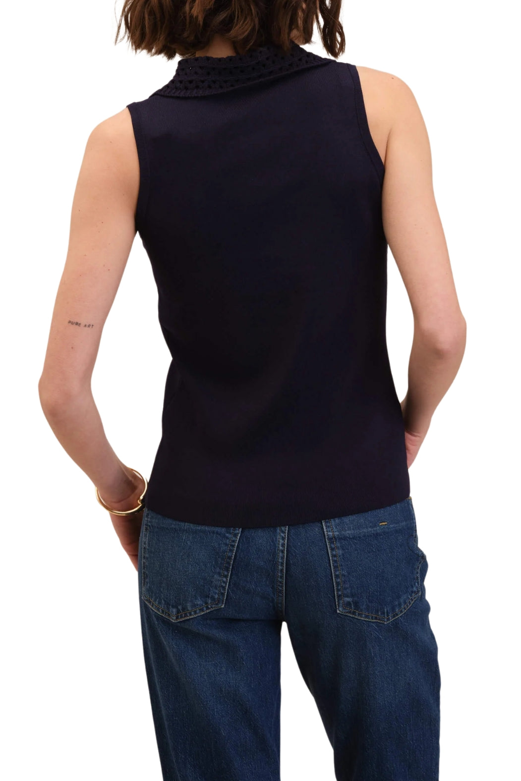 T Tahari Crochet Collar Sleeveless Sweater Polo Viscose Top - Morning Navy - Back