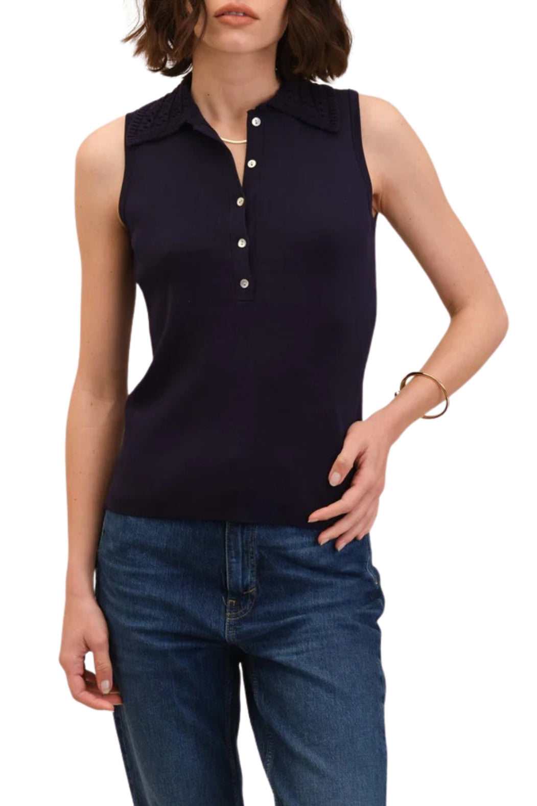 T Tahari Crochet Collar Sleeveless Sweater Polo Viscose Top - Wholesale - Morning Navy - Front