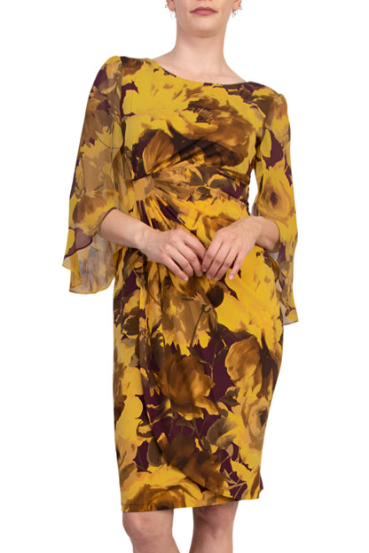 Connected Apparel Earthy Floral Boat Neckline Organza Cuffs Faux Wrap Sheath Dress - BLACK GOLD - Front View